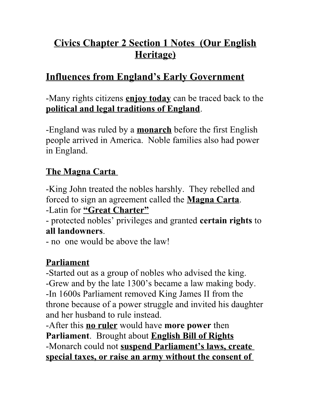 Civics Chapter 2 Section 1 Notes (Our English Heritage)
