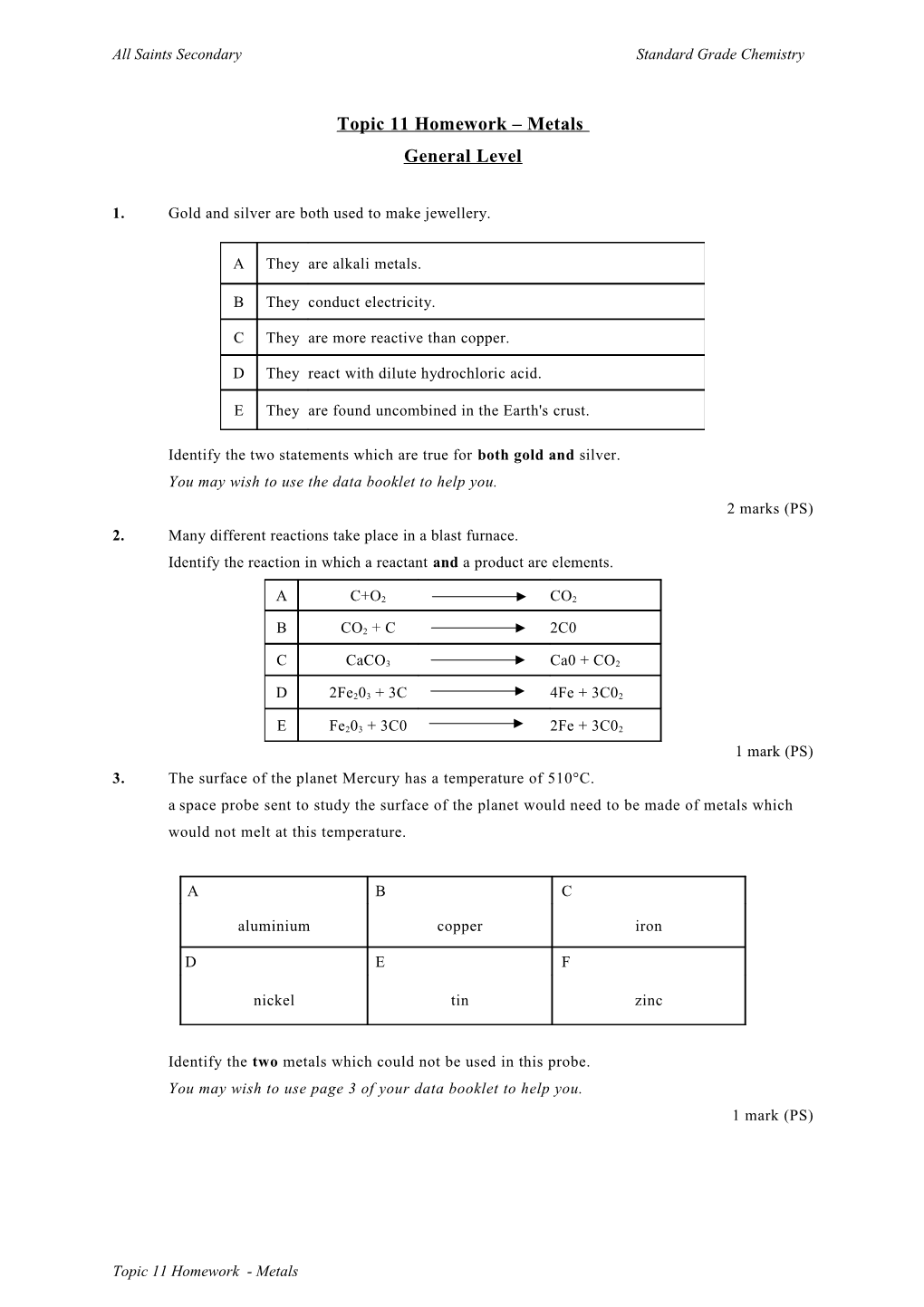 Topic 11 Metals (General Level)