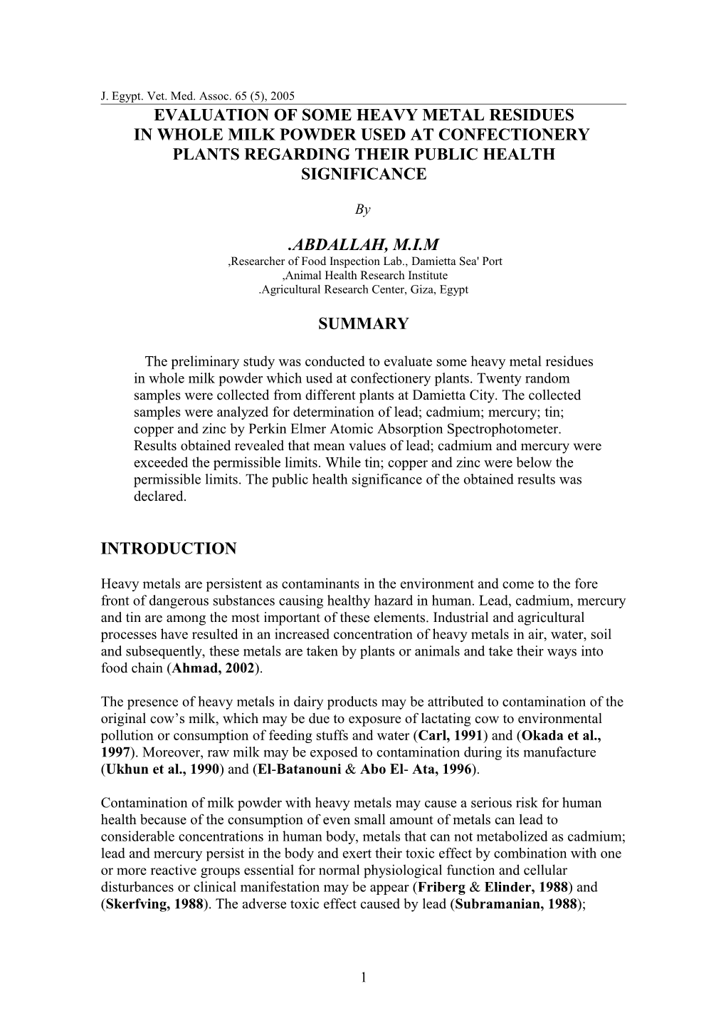 Evaluation of Some Heavy Meatal Residues in Whole Milk Powder Used at Confectionery Plants