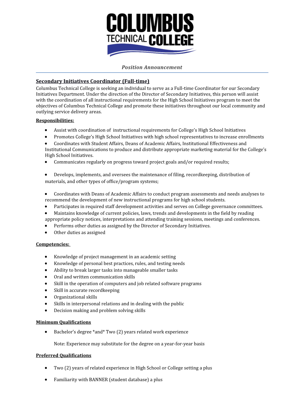 Secondary Initiatives Coordinator (Full-Time)