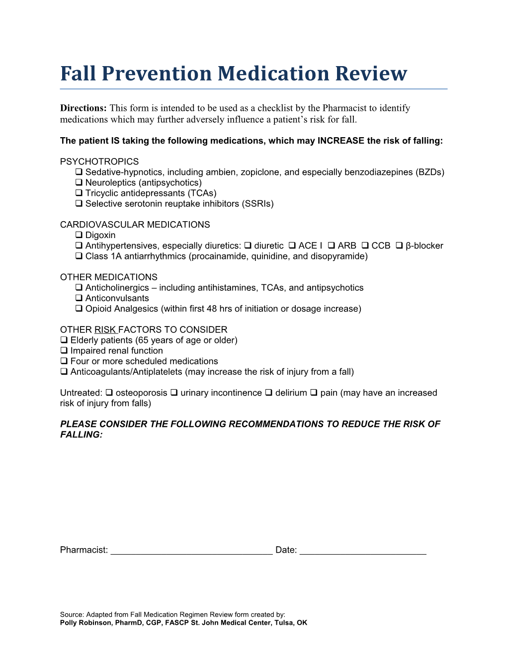 Fall Prevention Medication Review