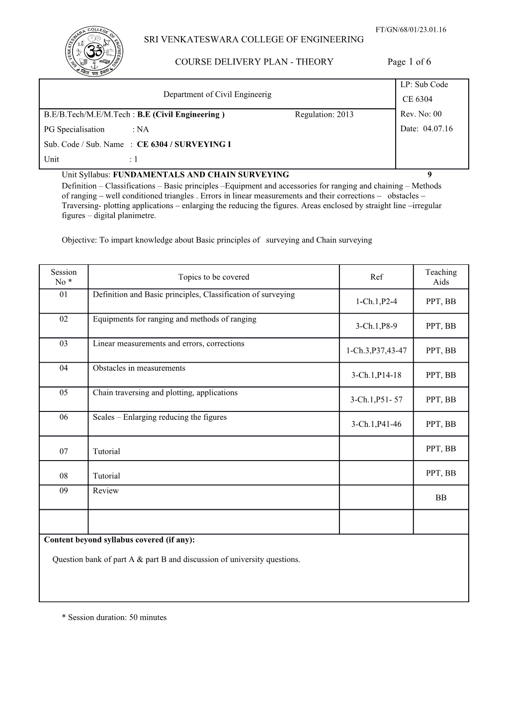 Unit Syllabus:FUNDAMENTALS and CHAIN SURVEYING 9