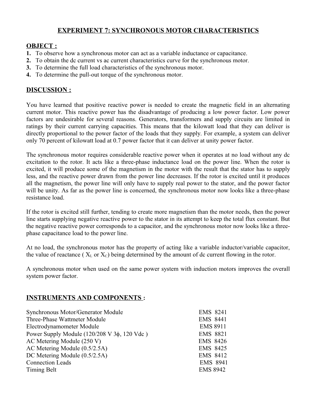 Experiment 7: Synchronous Motor Characteristics