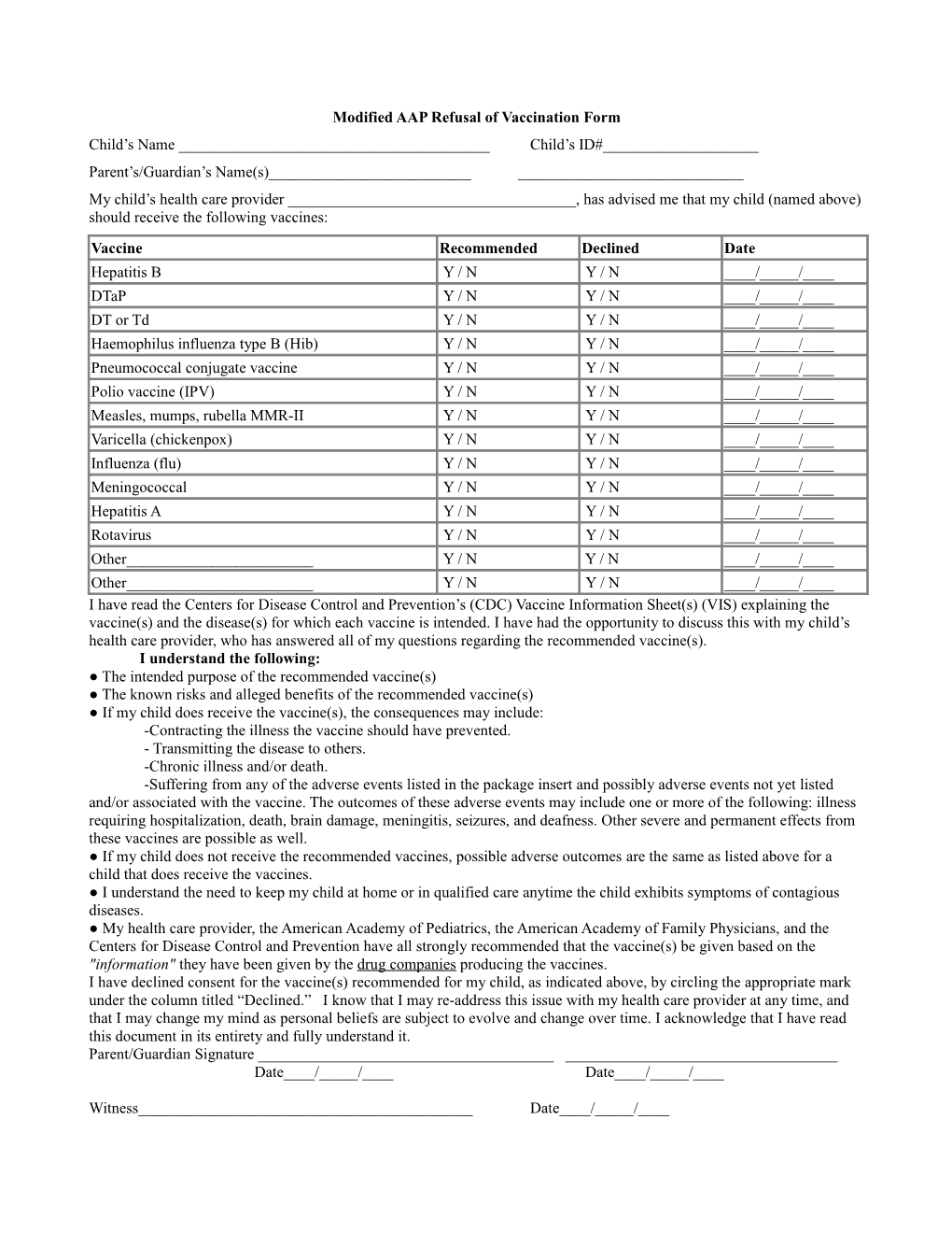 Modified AAP Refusal of Vaccination Form