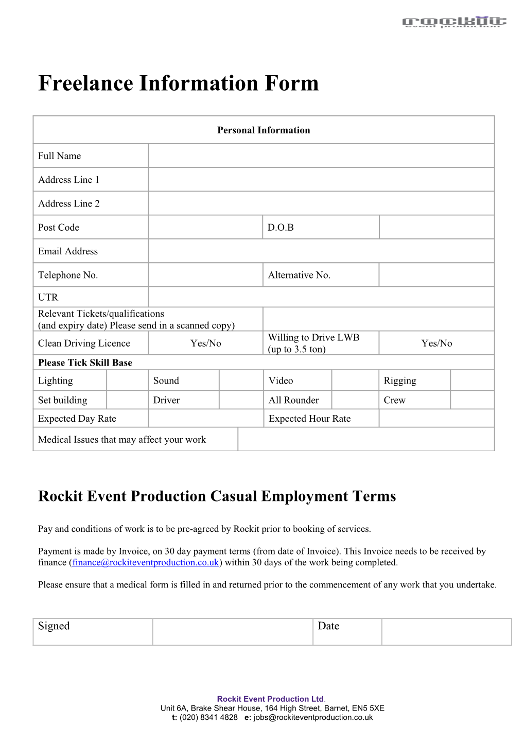 Rockit Event Production Casual Employment Terms