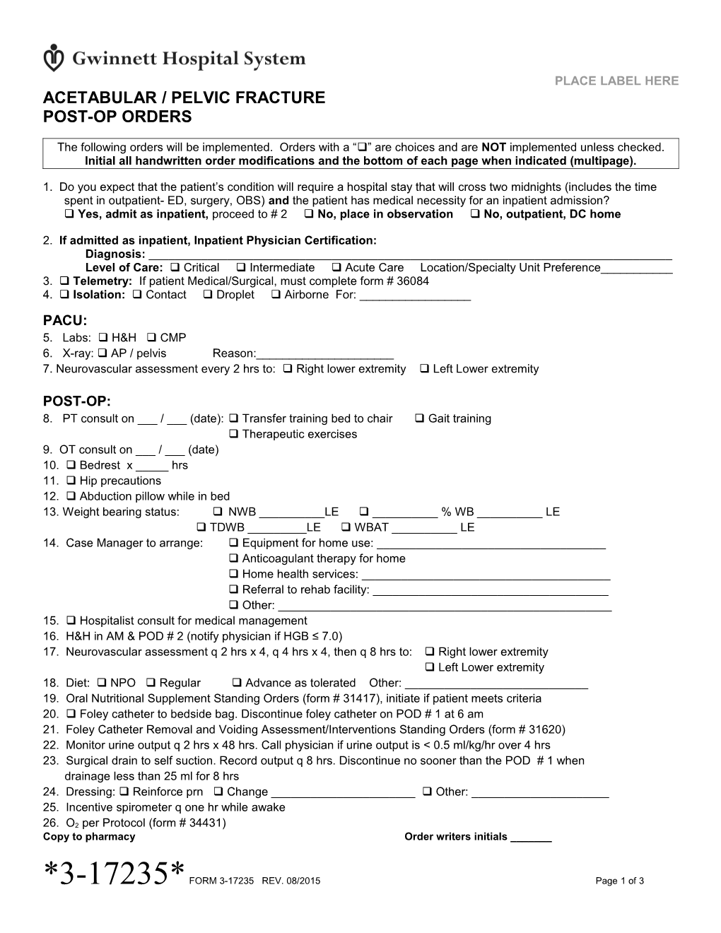 Acetabular Pelvic Fracture Post-Op Orders