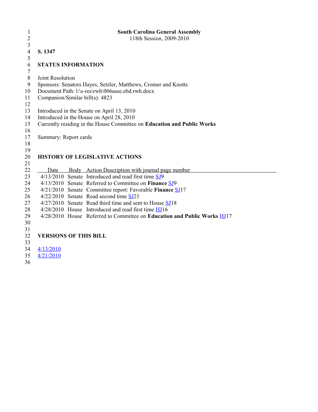2009-2010 Bill 1347: Report Cards - South Carolina Legislature Online