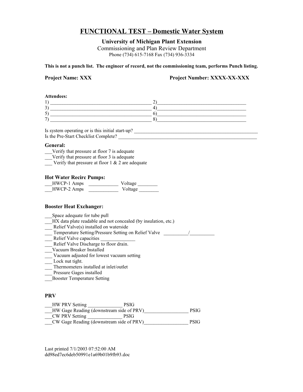 Pre-Start Checklist- Air Handling System Ahu-1