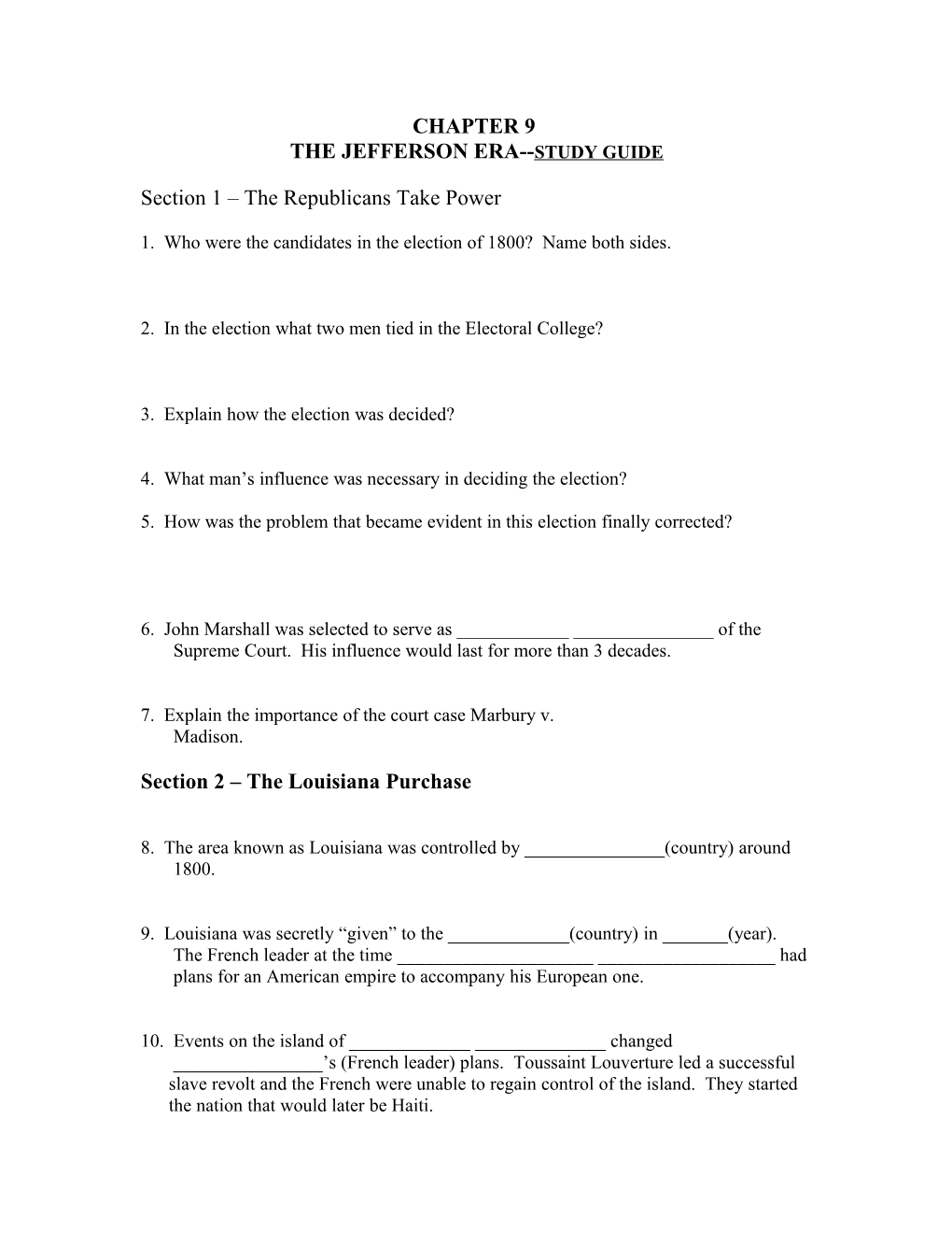 The Jefferson Era Study Guide