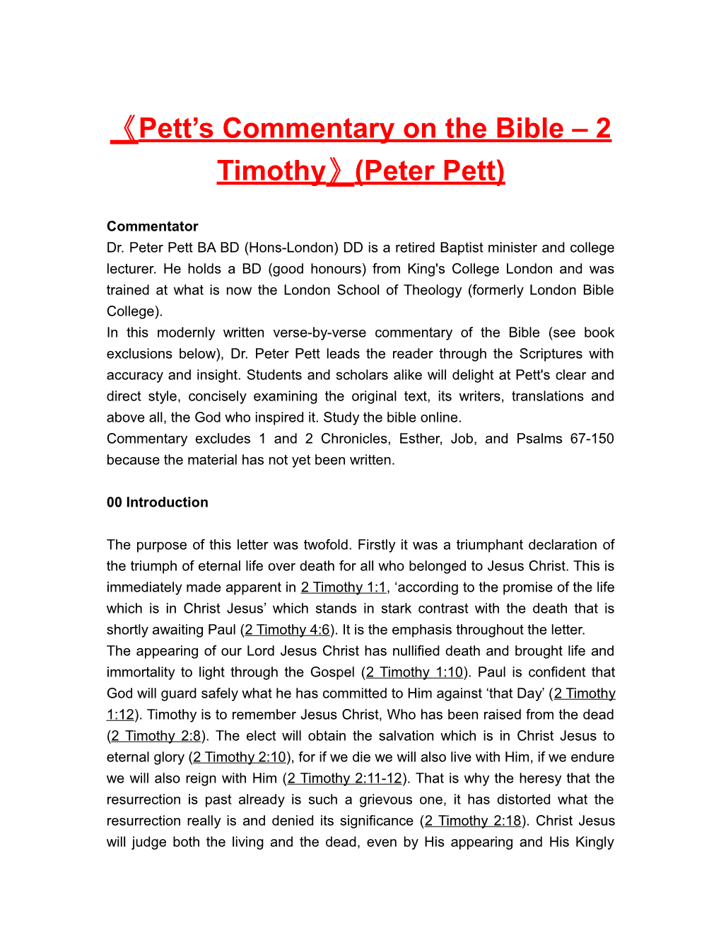 Pett S Commentary on the Bible 2 Timothy (Peterpett)