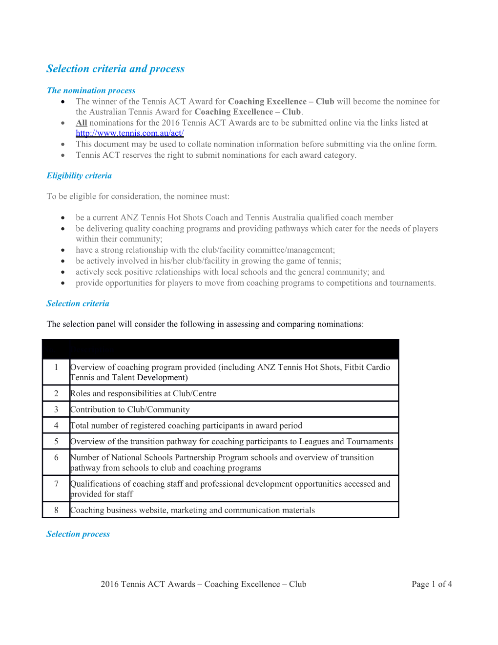 Selection Criteria and Process