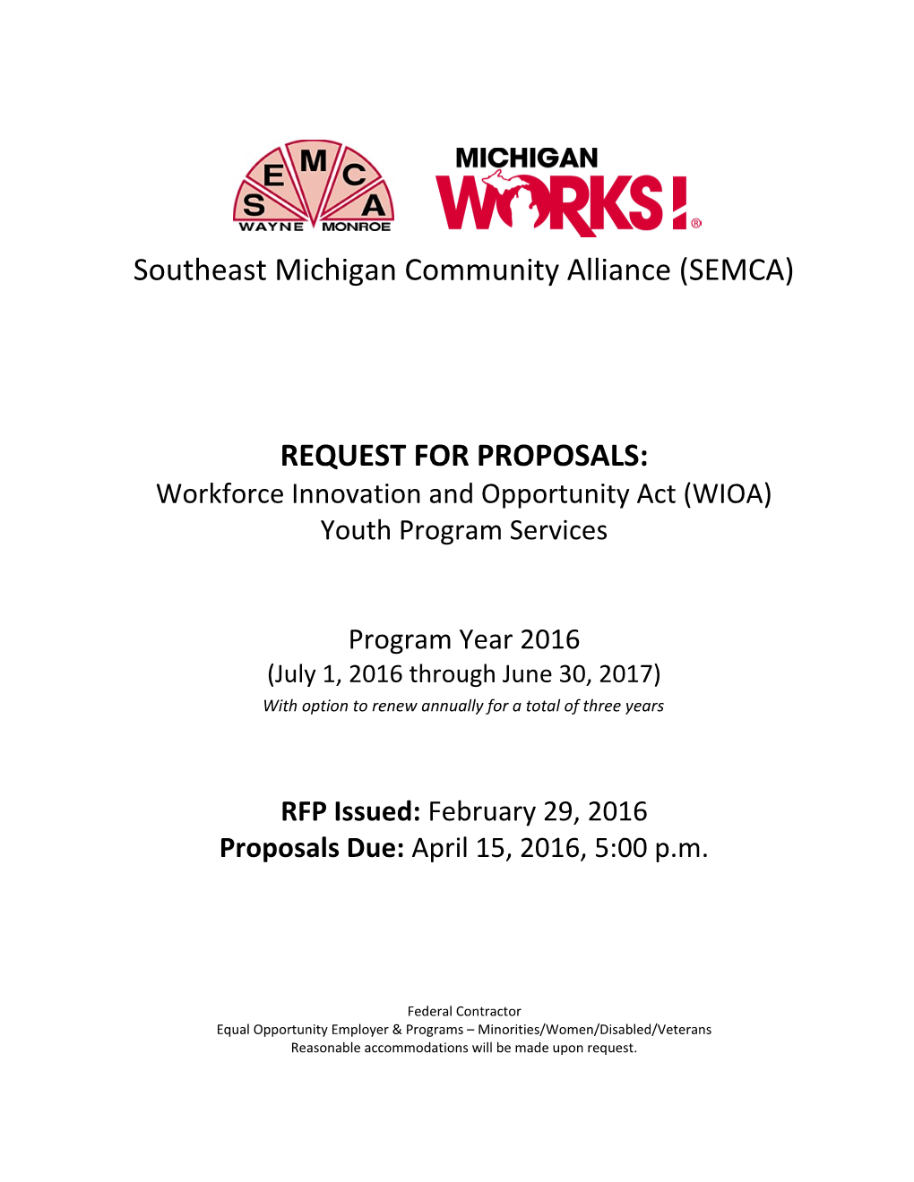 REQUEST for PROPOSALS Workforce Innovation and Opportunity Act (WIOA) Year-Round Youth