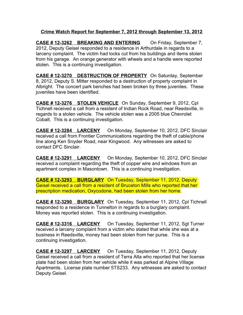 Crime Watch Report for September 7, 2012 Through September 13, 2012