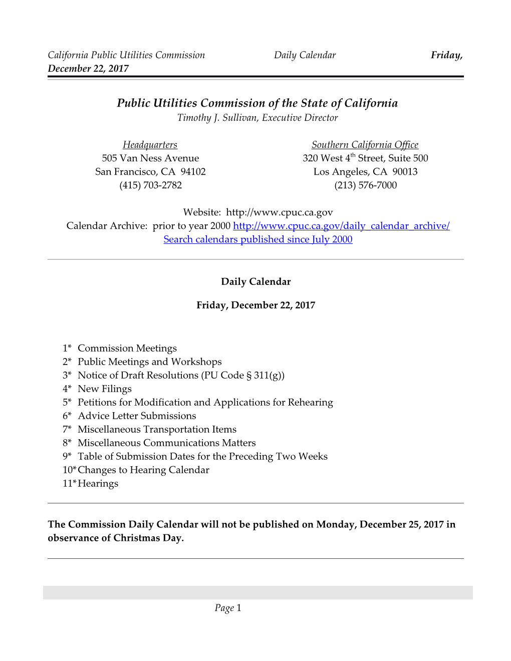 California Public Utilities Commission Daily Calendar Friday, December 22, 2017