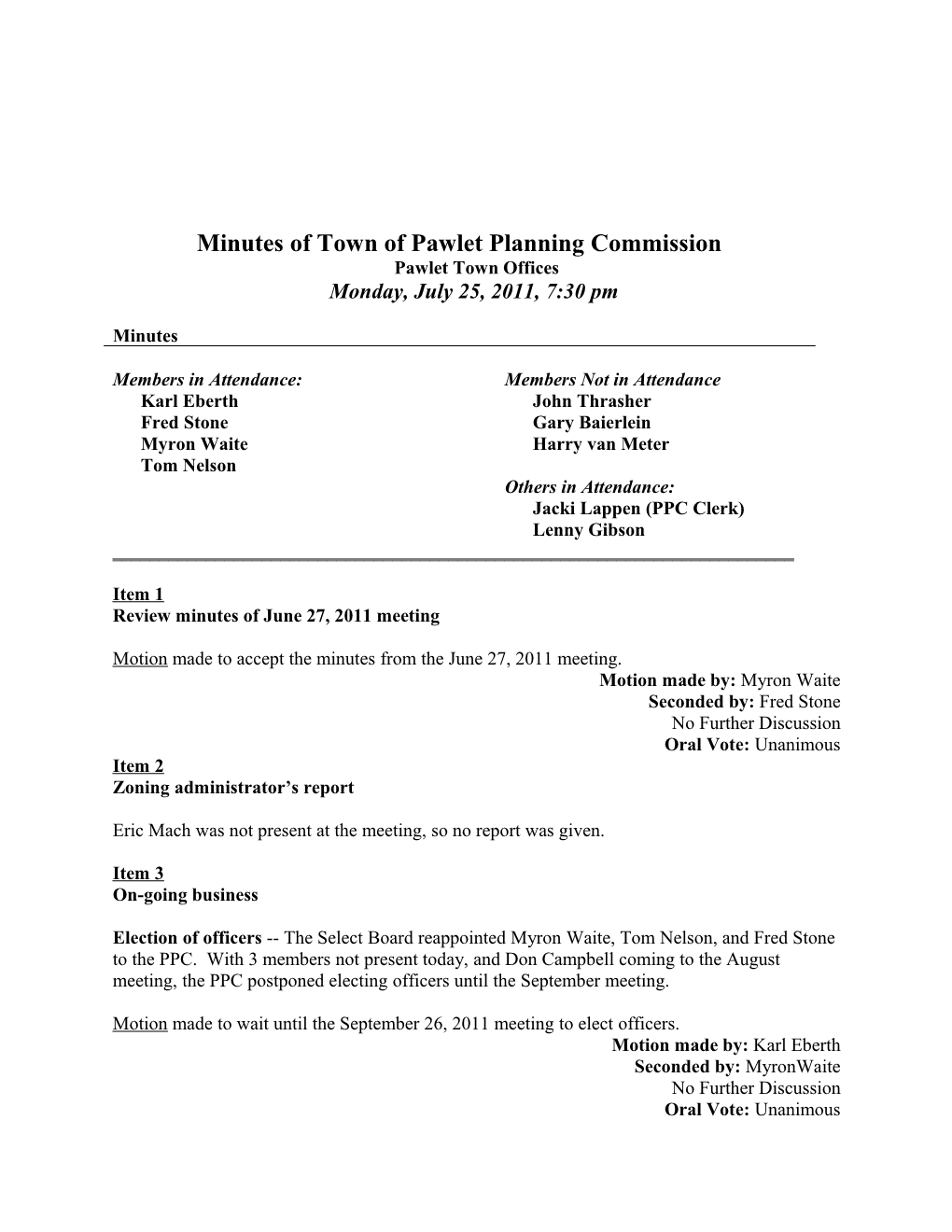 Minutes of Town of Pawlet Planning Commission