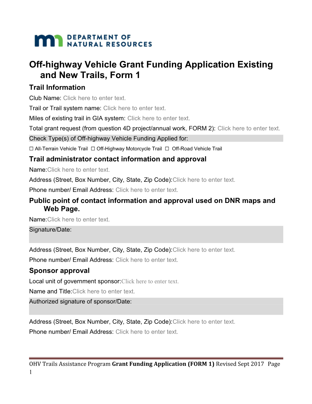 OHV Maintenance Project Application