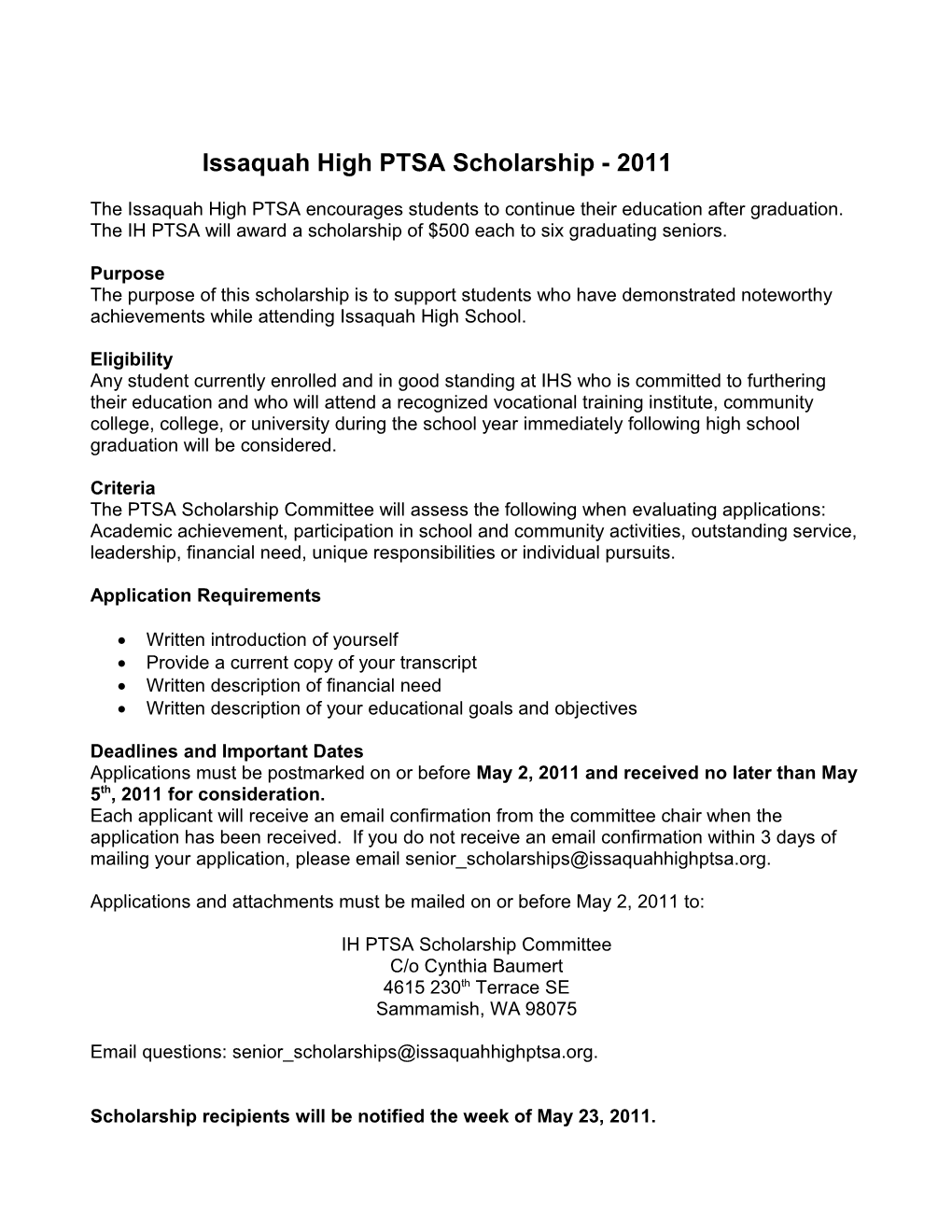 Issaquah High School PTSA Scholarship
