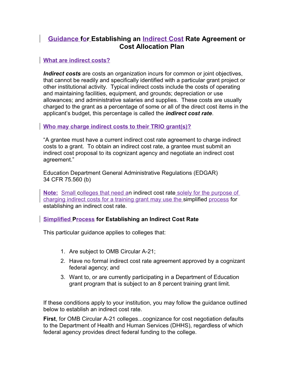 Guidance for Establishing an Indirect Cost Rate Agreement Or Cost Allocation Plan (MS Word)