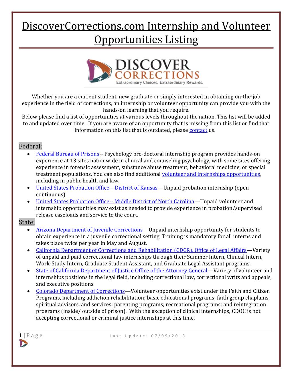 Discovercorrections.Com Internship and Volunteer Opportunities Listing