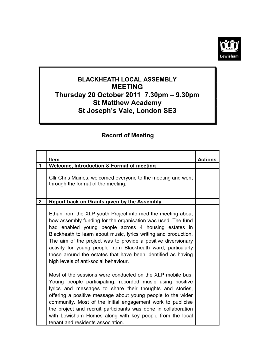 Blackheath Assembly 20 November 2011 Minutes