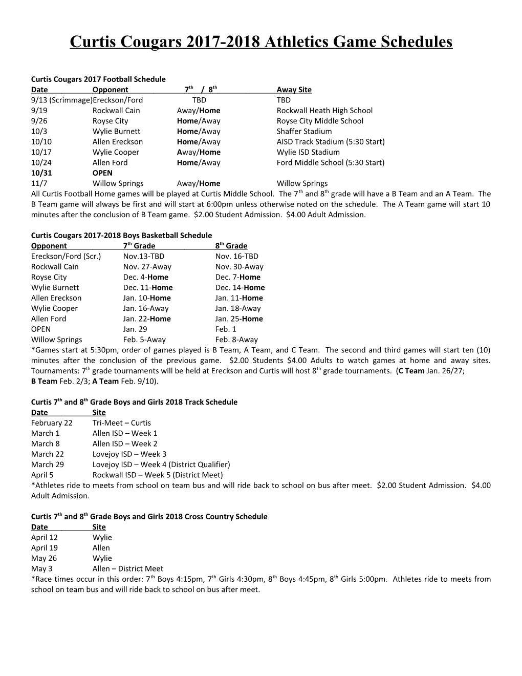 Curtis Cougars 2017-2018 Athletics Game Schedules