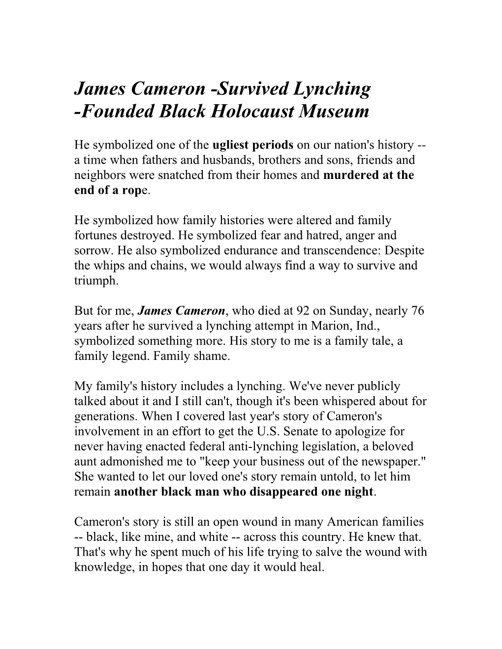 James Cameron -Survived Lynching -Founded Black Holocaust Museum