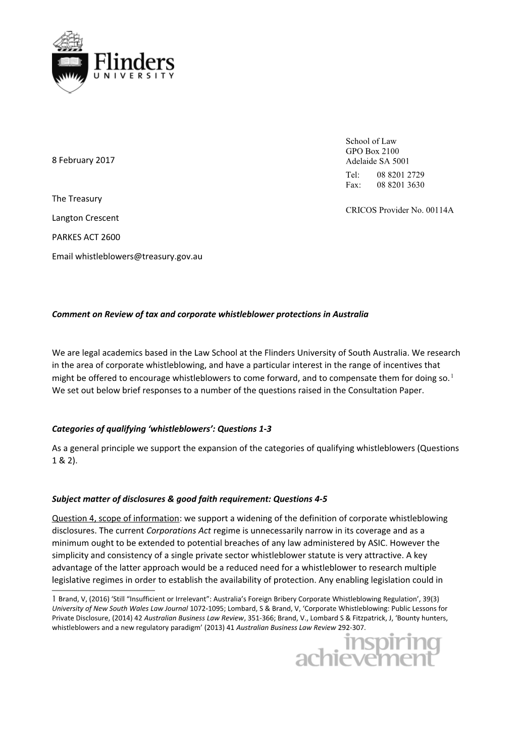 Flinders University School of Law - Submission in Response To: Review of Tax and Corporate