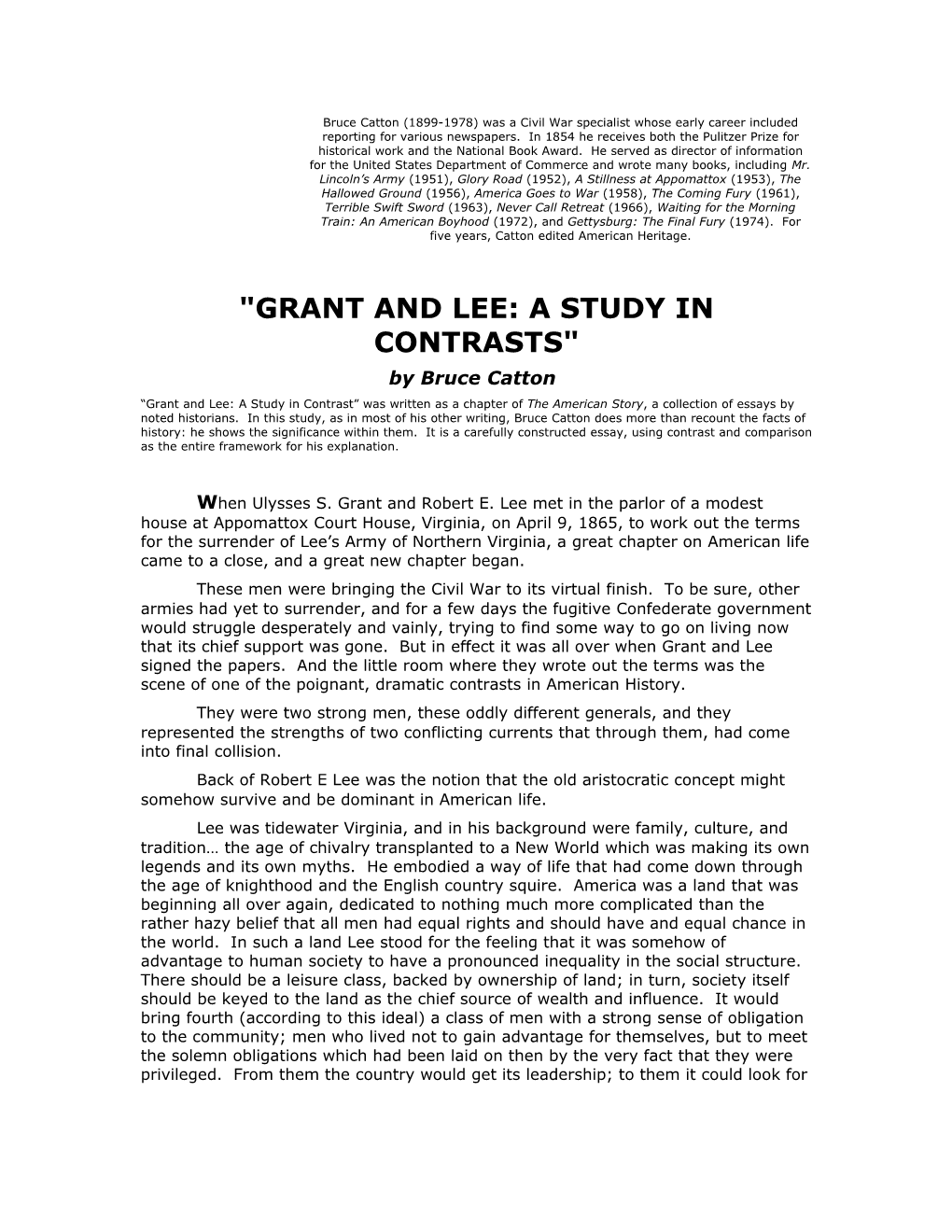 Grant and Lee: a Study in Contrasts