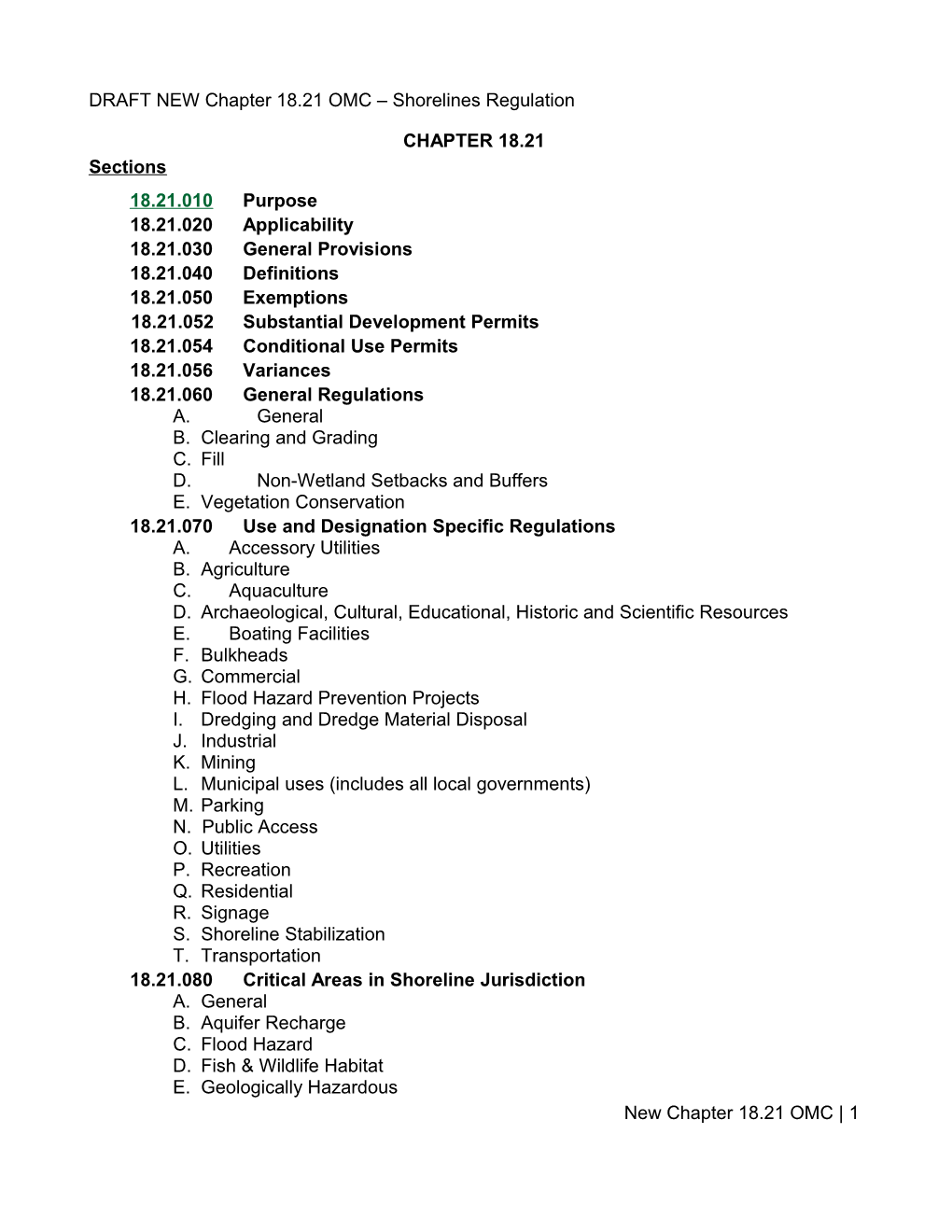 DRAFT NEW Chapter 18.21 OMC Shorelines Regulation