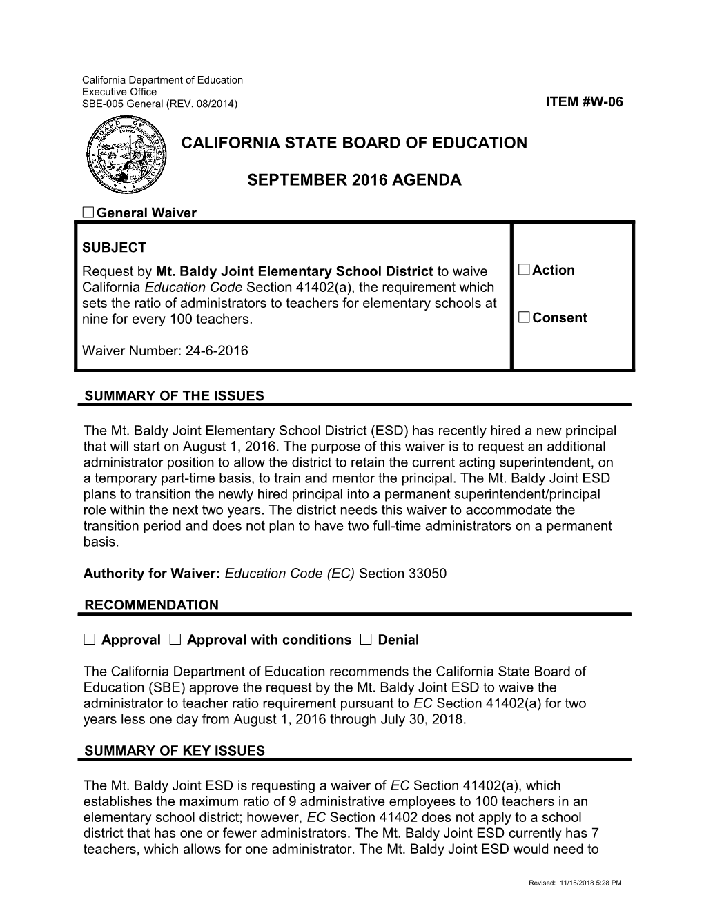 September 2016 Waiver Item W-06 - Meeting Agendas (CA State Board of Education)