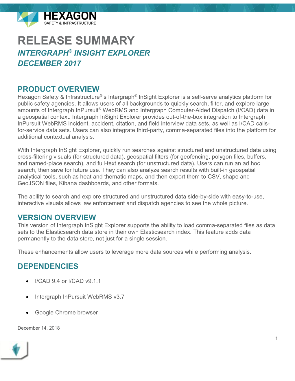 Intergraph Insight Explorer December RELEASE SUMMARY