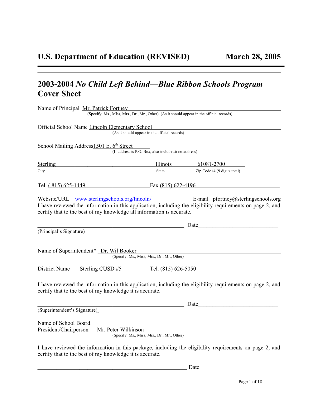 Lincoln Elementary School Application: 2004-2005, No Child Left Behind - Blue Ribbon Schools