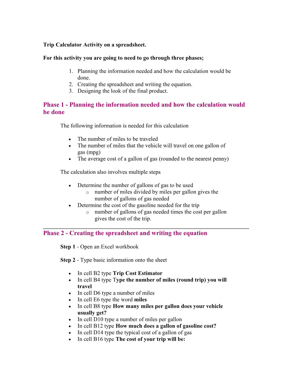 Trip Calculator Activity on a Spreadsheet