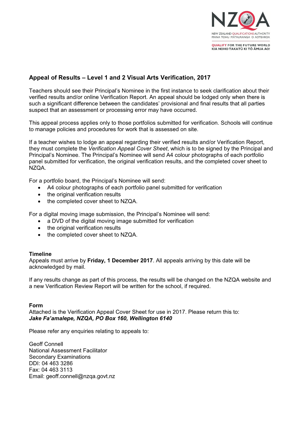 Appeal of Results Level 1 and 2 Visual Arts Verification, 2017