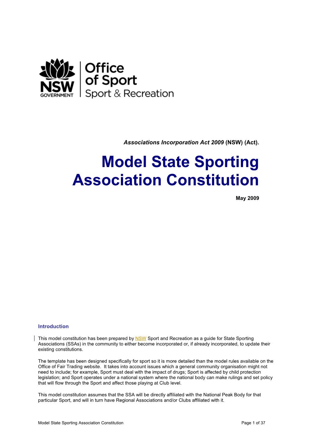 This Model Constitution Has Been Prepared by NSW Sport and Recreation As a Guide for State