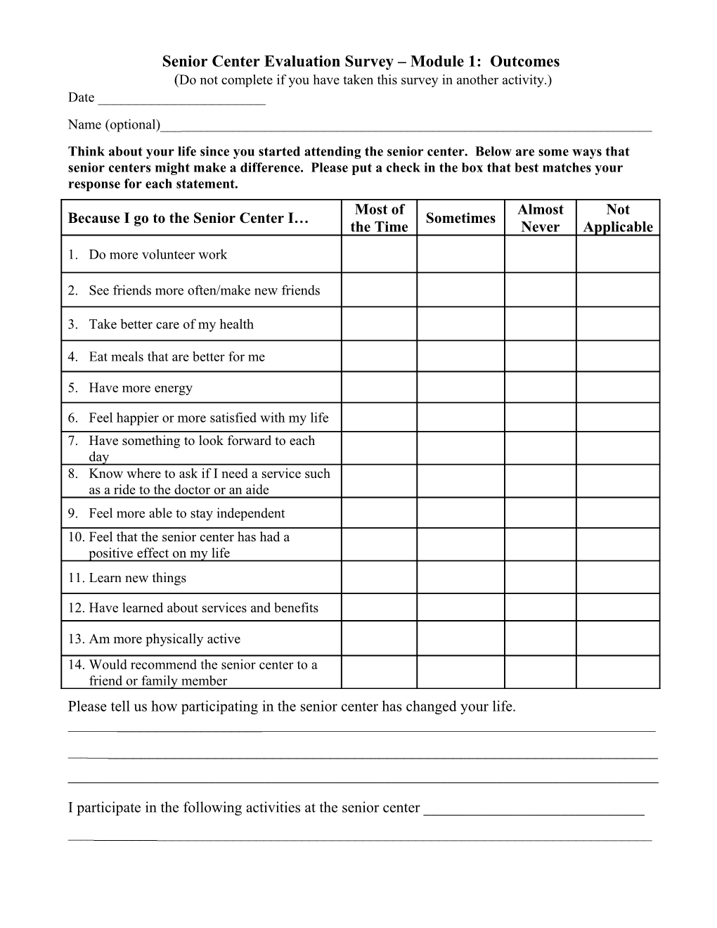 Senior Center Evaluation Survey Module 1: Outcomes