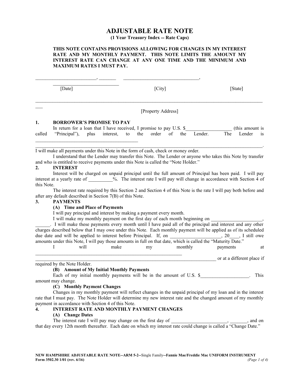 New Hampshire Adjustable Rate Note - ARM 5-2 (Form 3502.30): Word