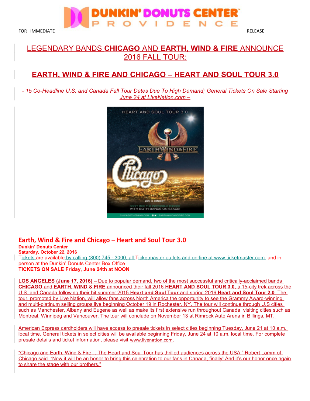 Earth, Wind & Fire and Chicago Heart and Soul Tour 3.0