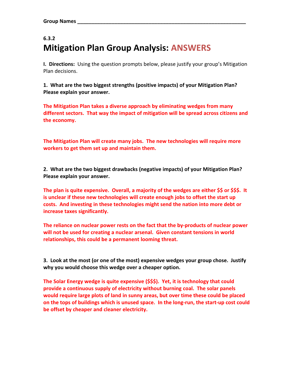 Mitigation Plan Group Analysis: ANSWERS