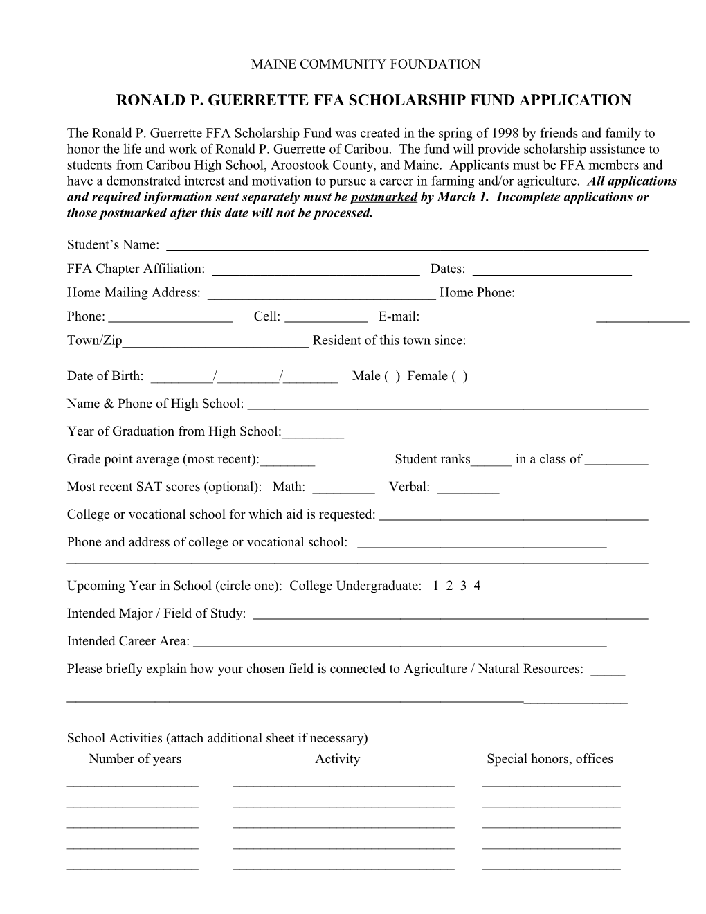 Ronald P. Guerrette Ffa Scholarship Fund Application