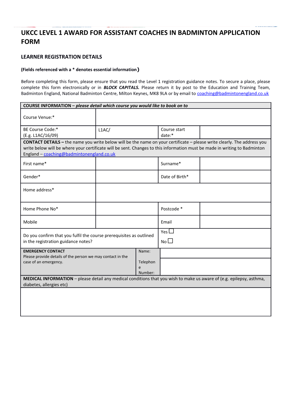 Ukcc Level 1 Award for Assistant Coaches in Badminton Application Form