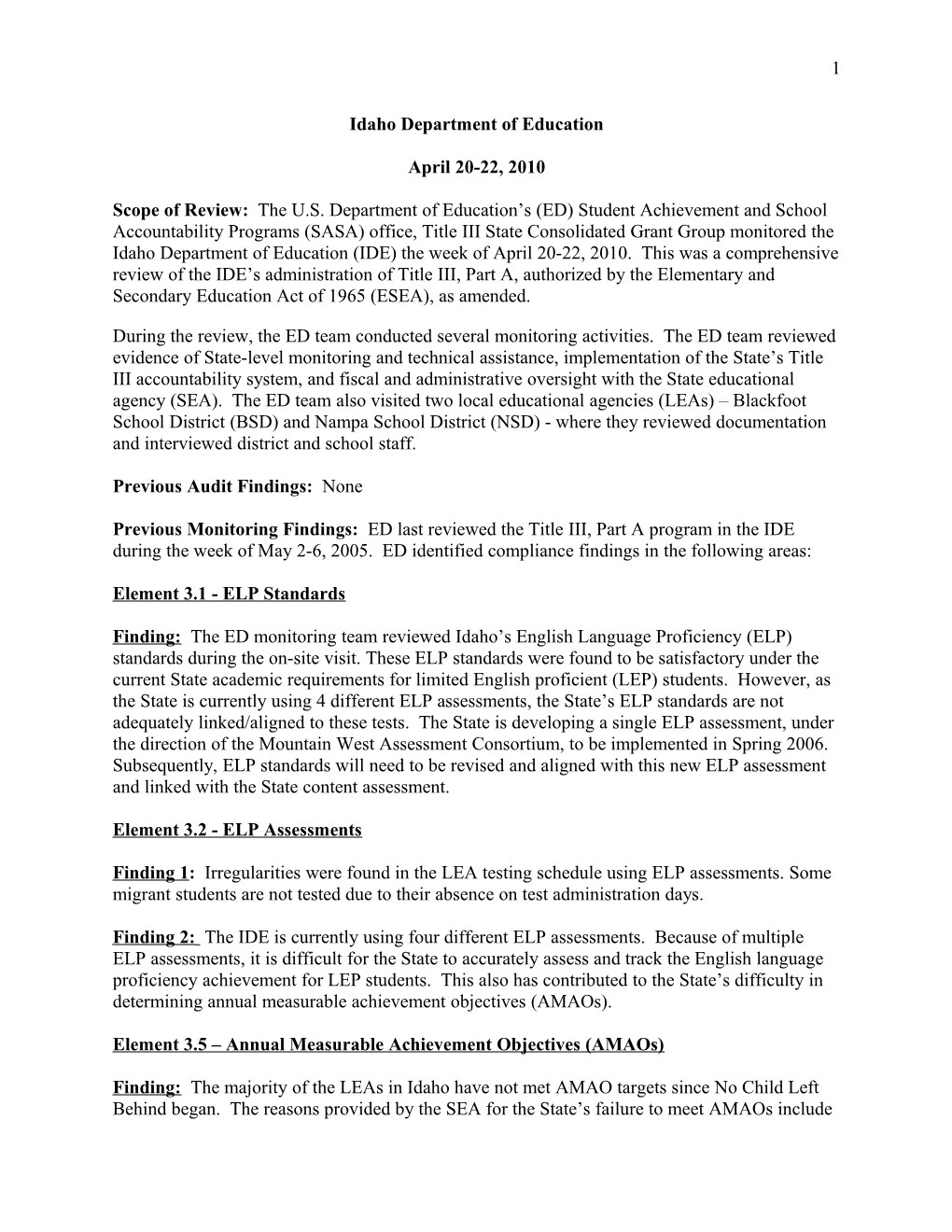Idaho Title III Monitoring Rpt (April 2-22, 2010) WORD