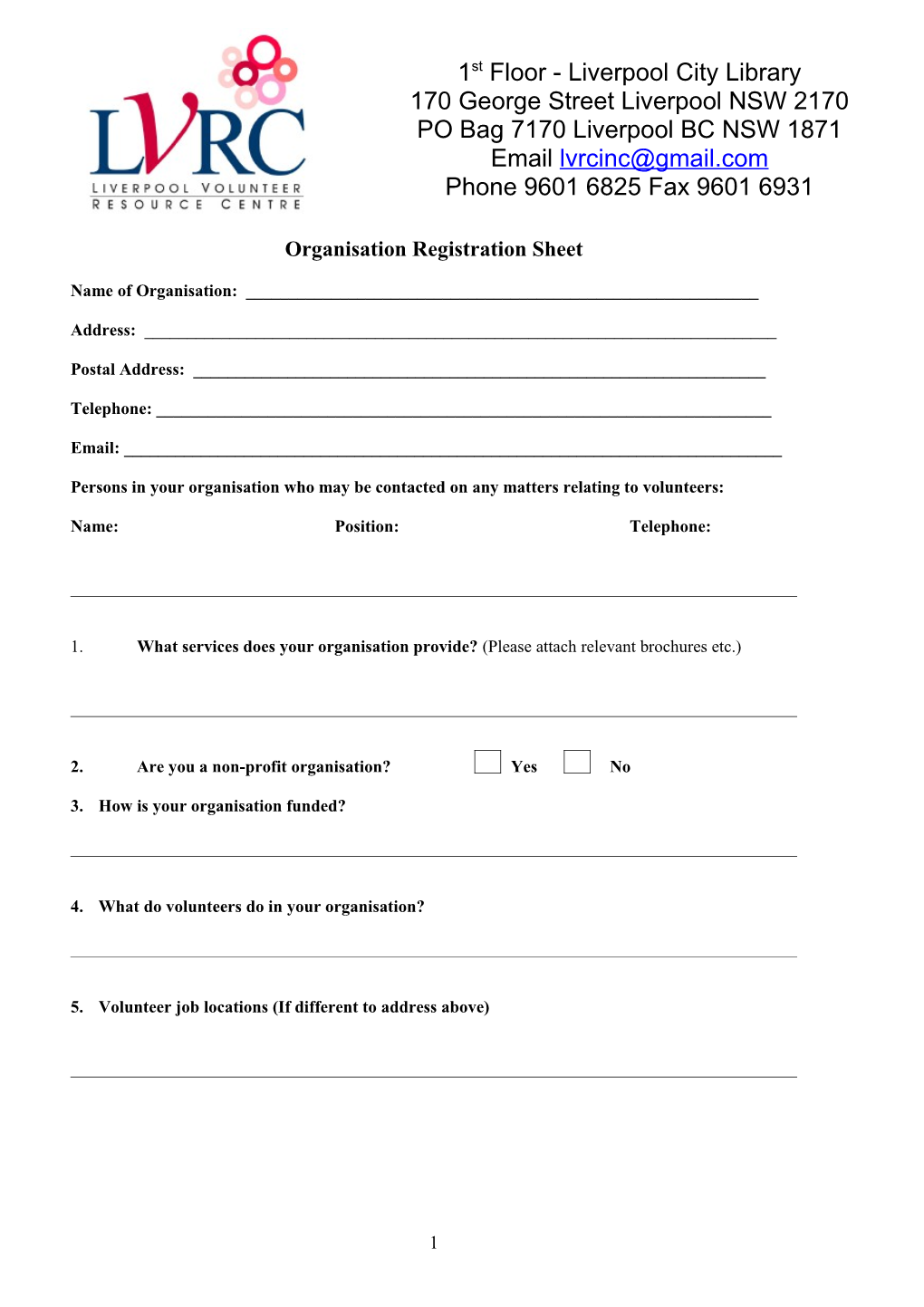 Organisation Registration Sheet