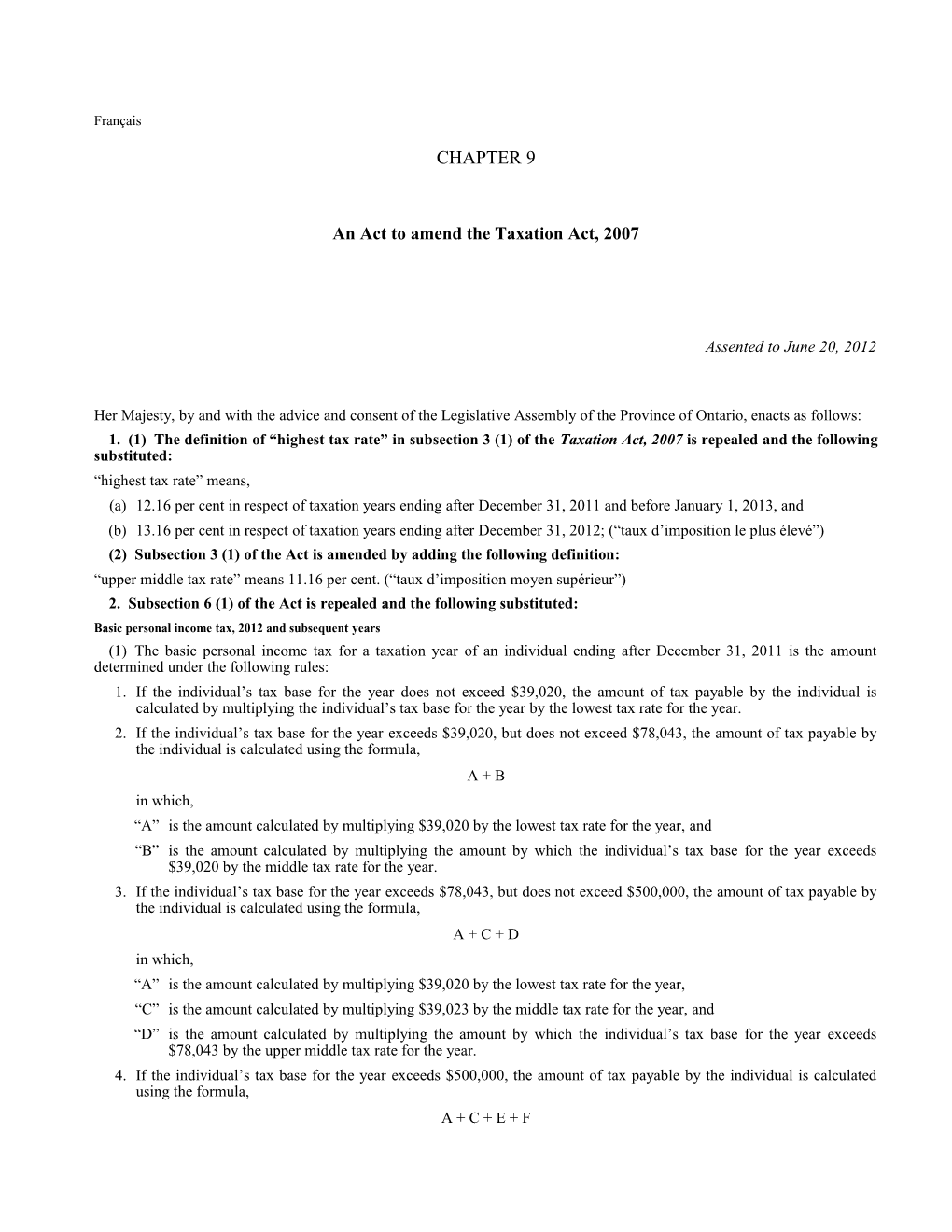 Taxation Amendment Act, 2012, S.O. 2012, C. 9 - Bill 114