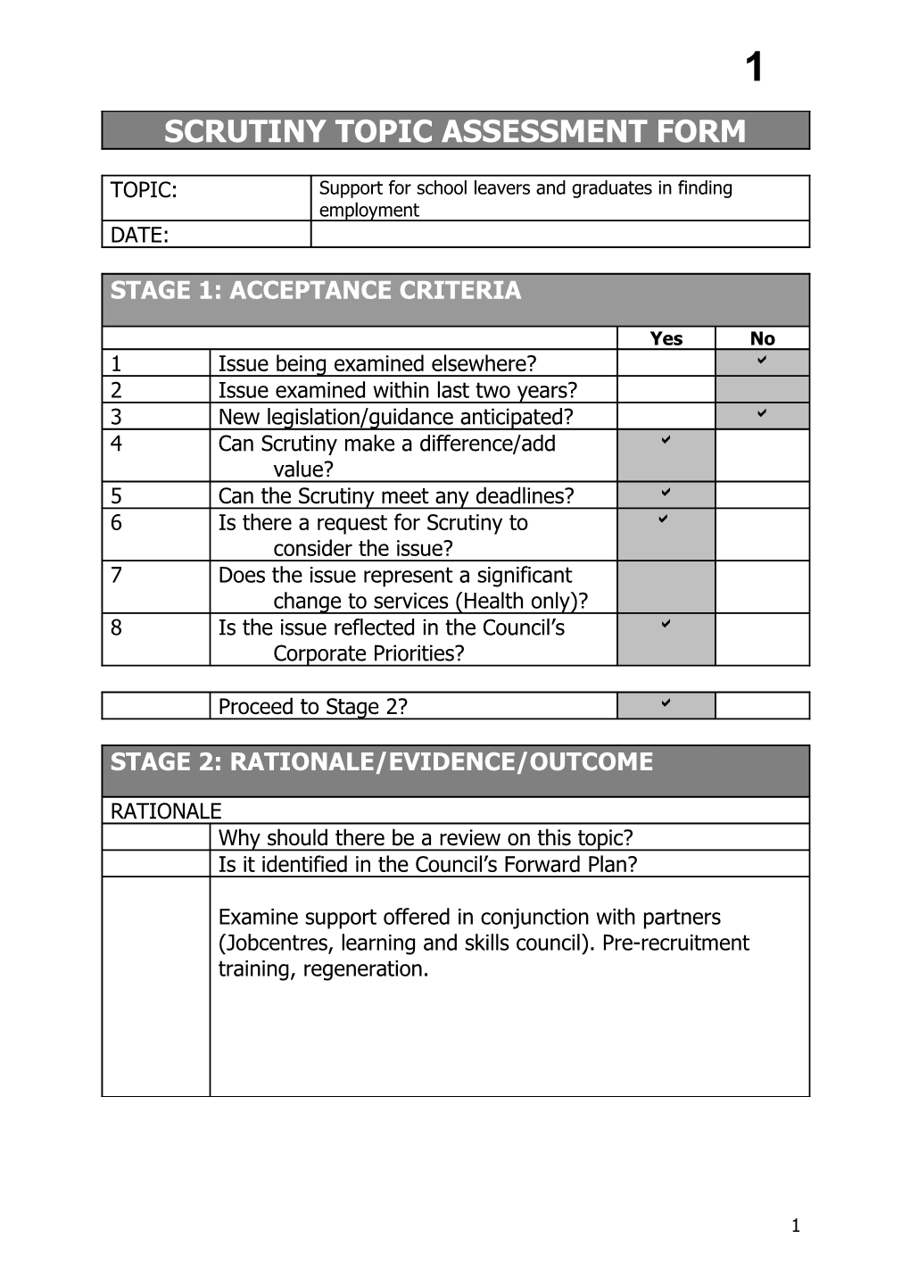 SCRUTINY TOPIC ASSESSMENT FORM - Support for School Leavers and Graduates in Finding Employment