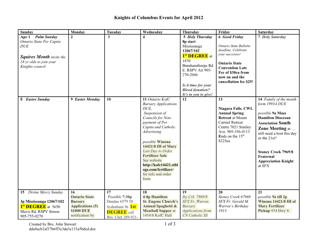 Knights of Columbus Events for April 2012