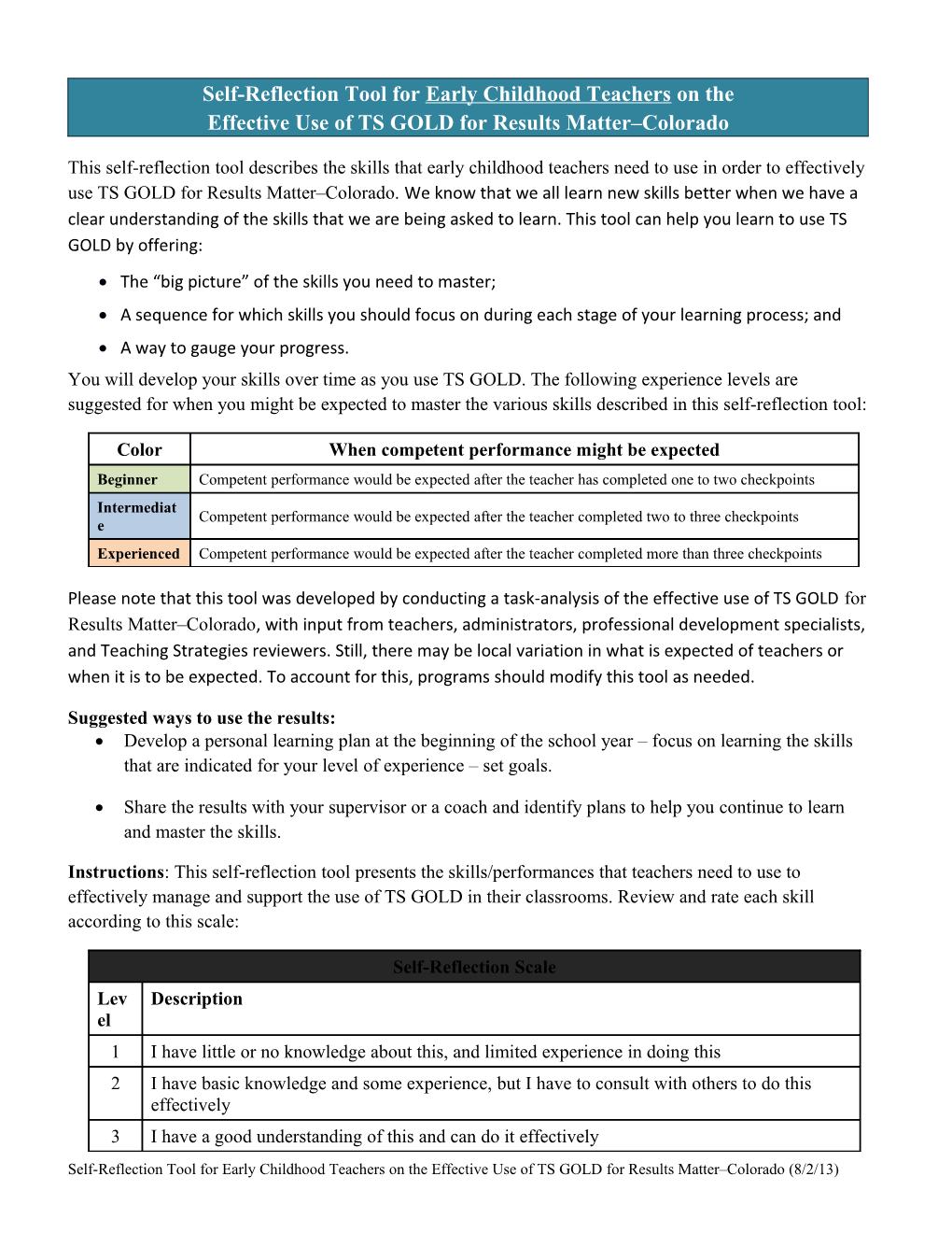 Self-Reflection Toolfor Early Childhood Teacherson the Effective Useof TS Goldfor Results