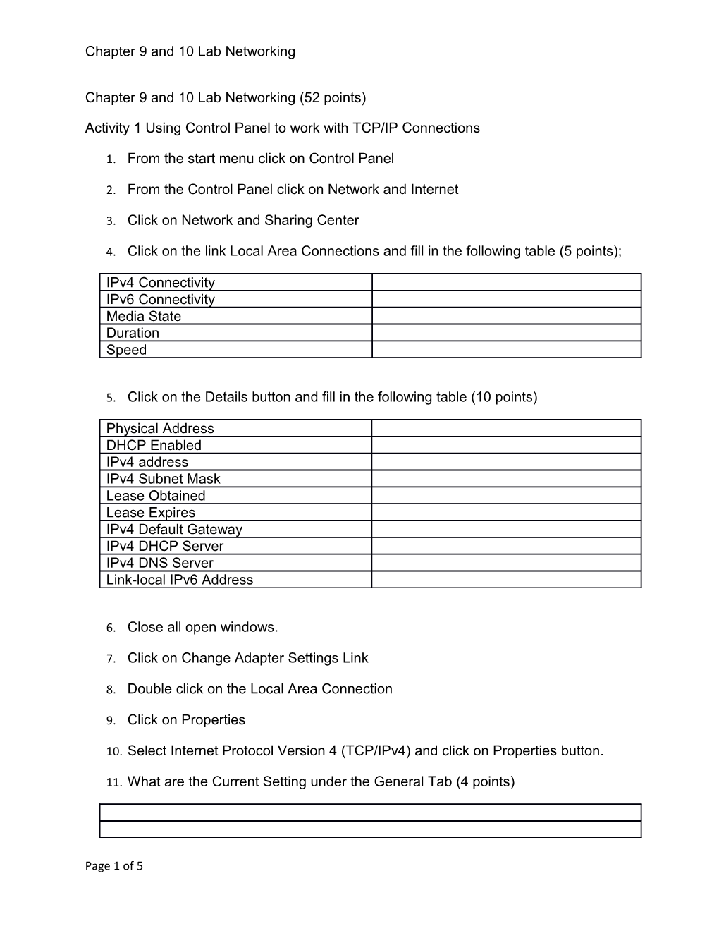 Chapter 9 and 10 Lab Networking