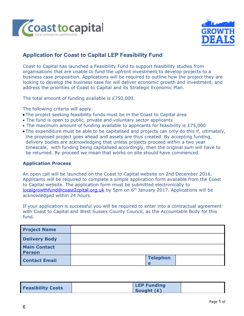 Application for Coast to Capital Lepfeasibility Fund
