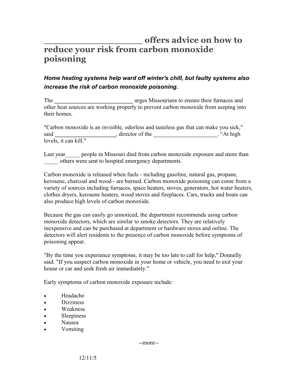 ______Offers Advice on How to Reduce Your Risk from Carbon Monoxide Poisoning